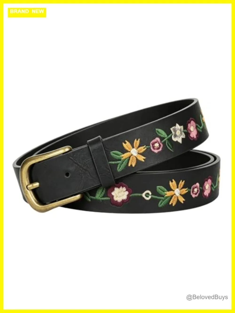 Vintage Floral Embroidered PU Leather Belt Antique Gold Buckle Women